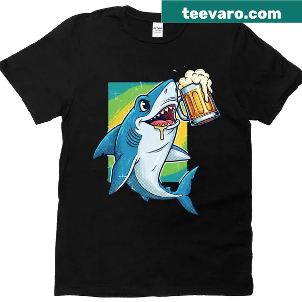 Vintage-style T-shirt featuring a playful shark with a beer