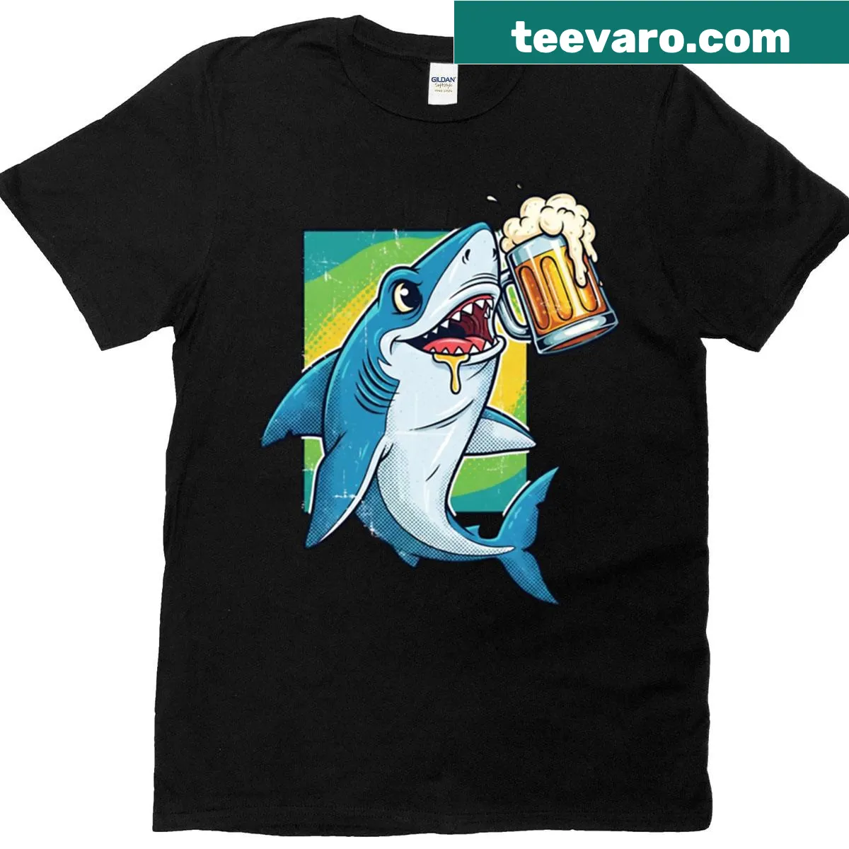 Vintage-style T-shirt featuring a playful shark with a beer — on a men's t-shirt