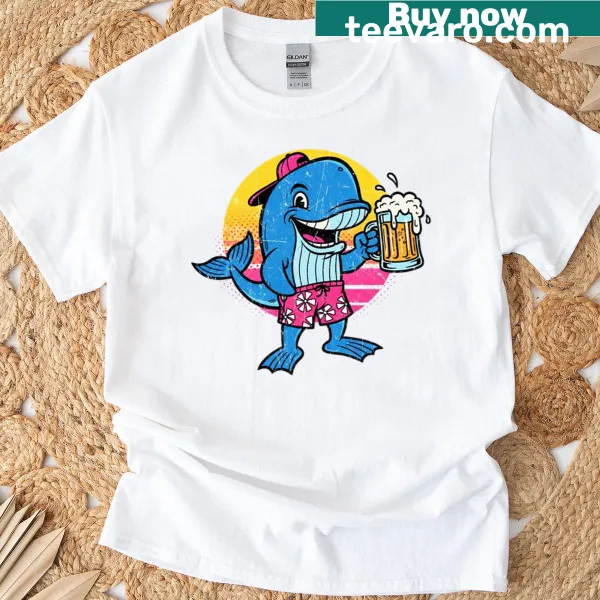 T-shirt with a playful whale illustration toasting with beer