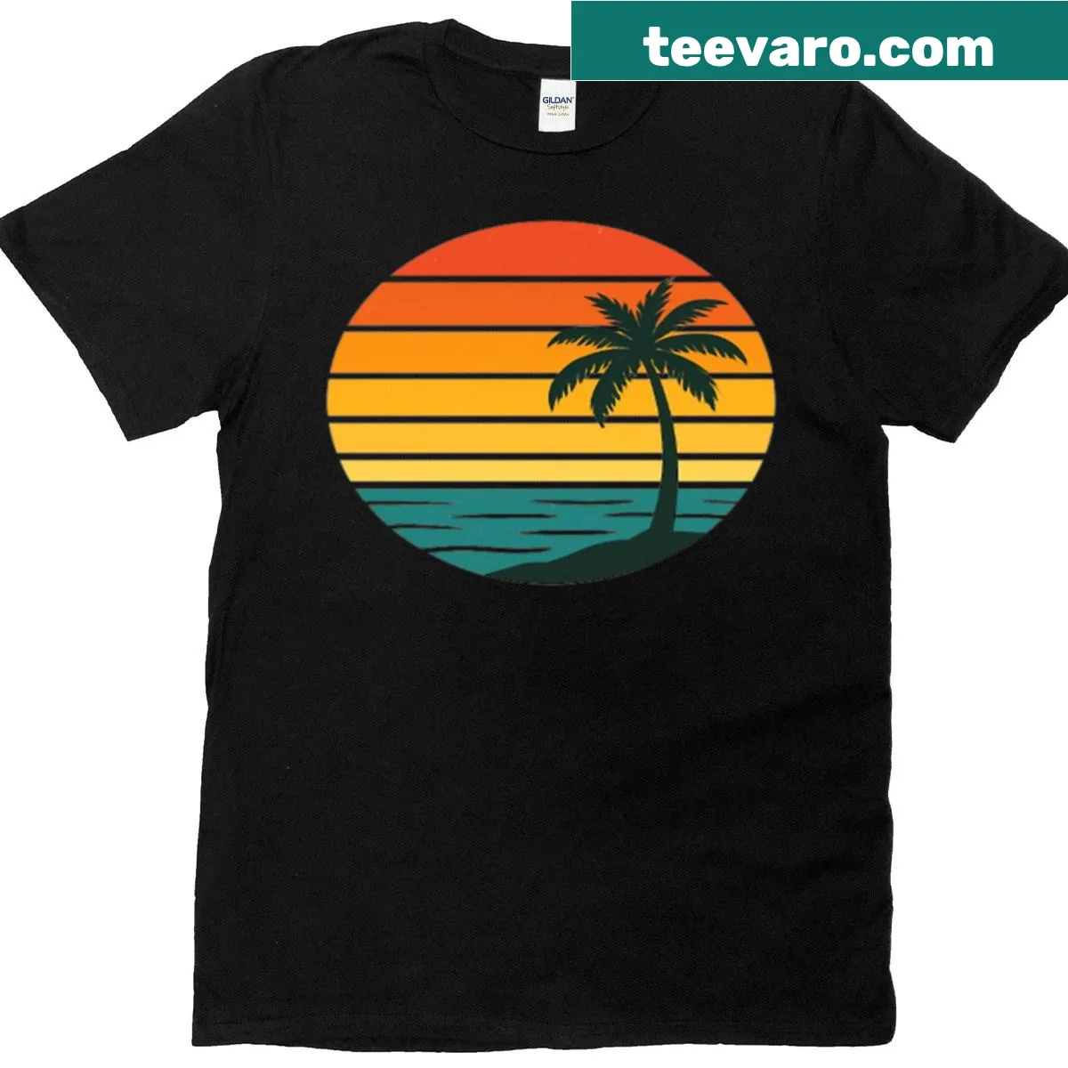 Illustrated retro sunset over the ocean T-shirt design — on a men's t-shirt