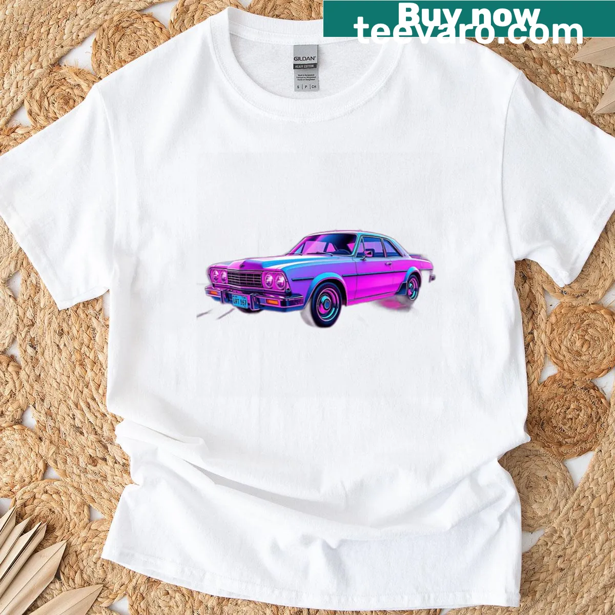 Illustration of a retro synthwave car with sunset vibes — on a men's t-shirt