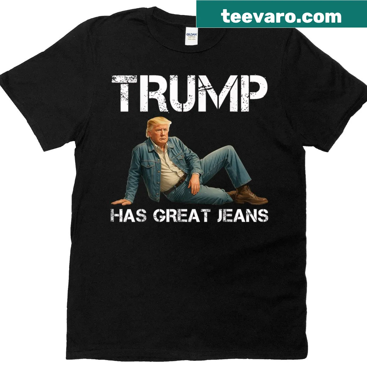 Retro T-shirt featuring 'Trump Has Great Jeans' meme text — on a men's t-shirt