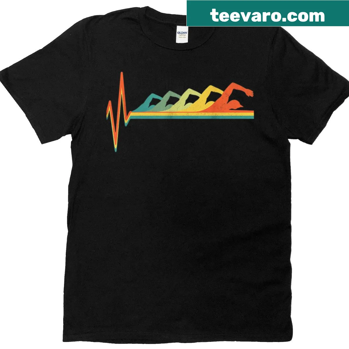 Silhouette of a swimmer with heartbeat line on a casual t-shirt — on a men's t-shirt