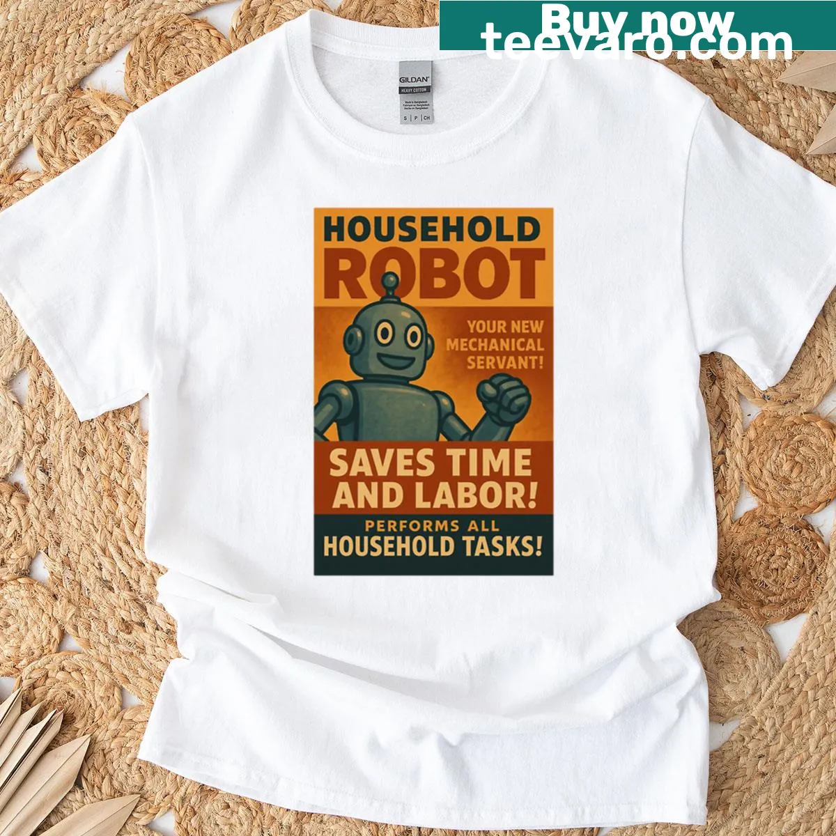 Vintage t-shirt with 1940s style household robot graphic — on a men's t-shirt