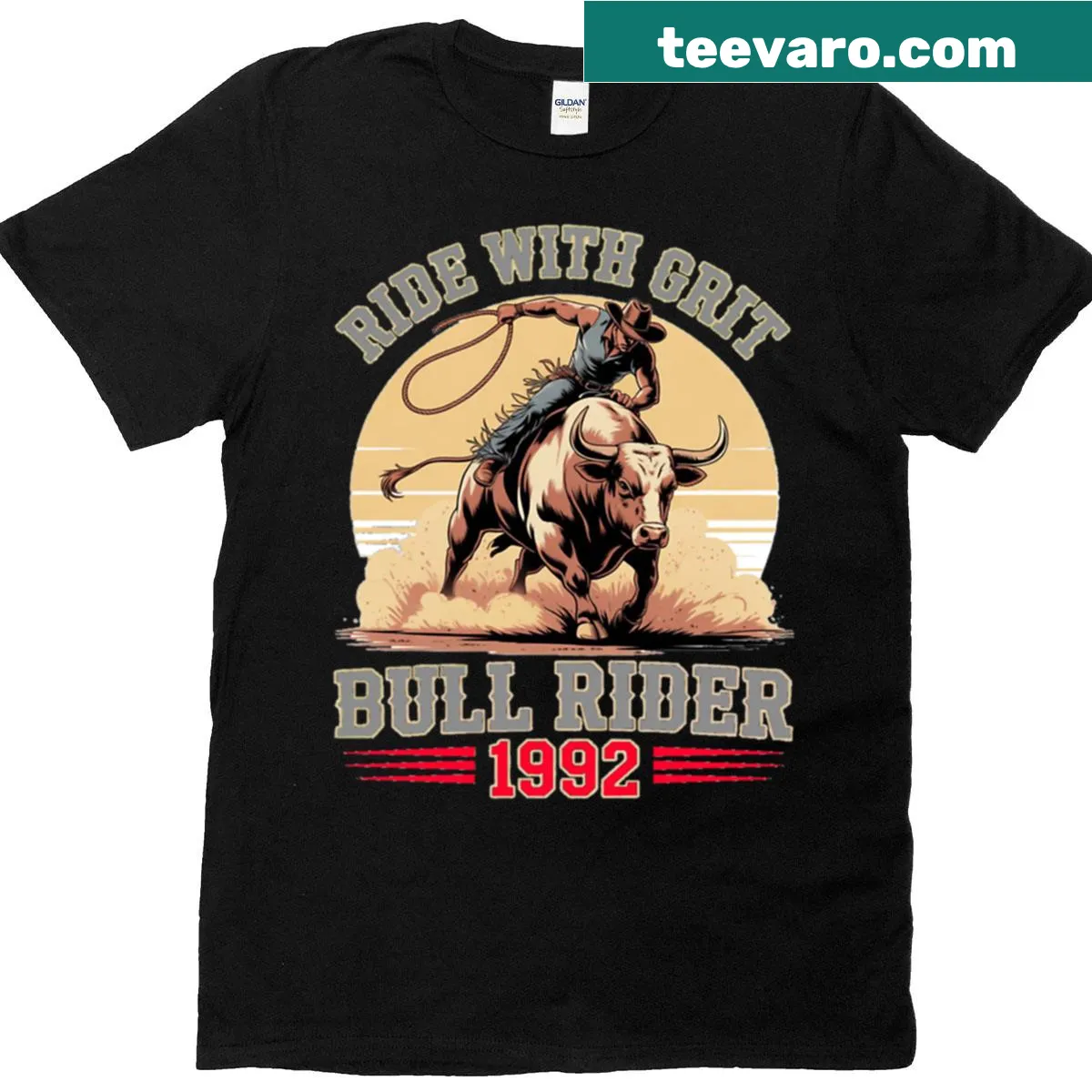Vintage bull rider t-shirt featuring 'Ride With Grit' and 1992 design — on a men's t-shirt