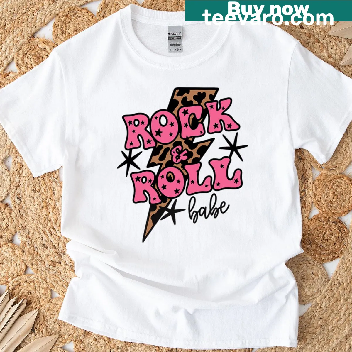 Bold typography T-shirt with 'Rock N Roll Babe' text — on a men's t-shirt