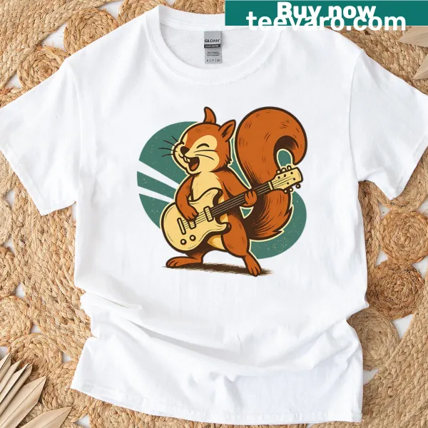 Oversized T-shirt featuring a cartoon squirrel rocking out with a guitar