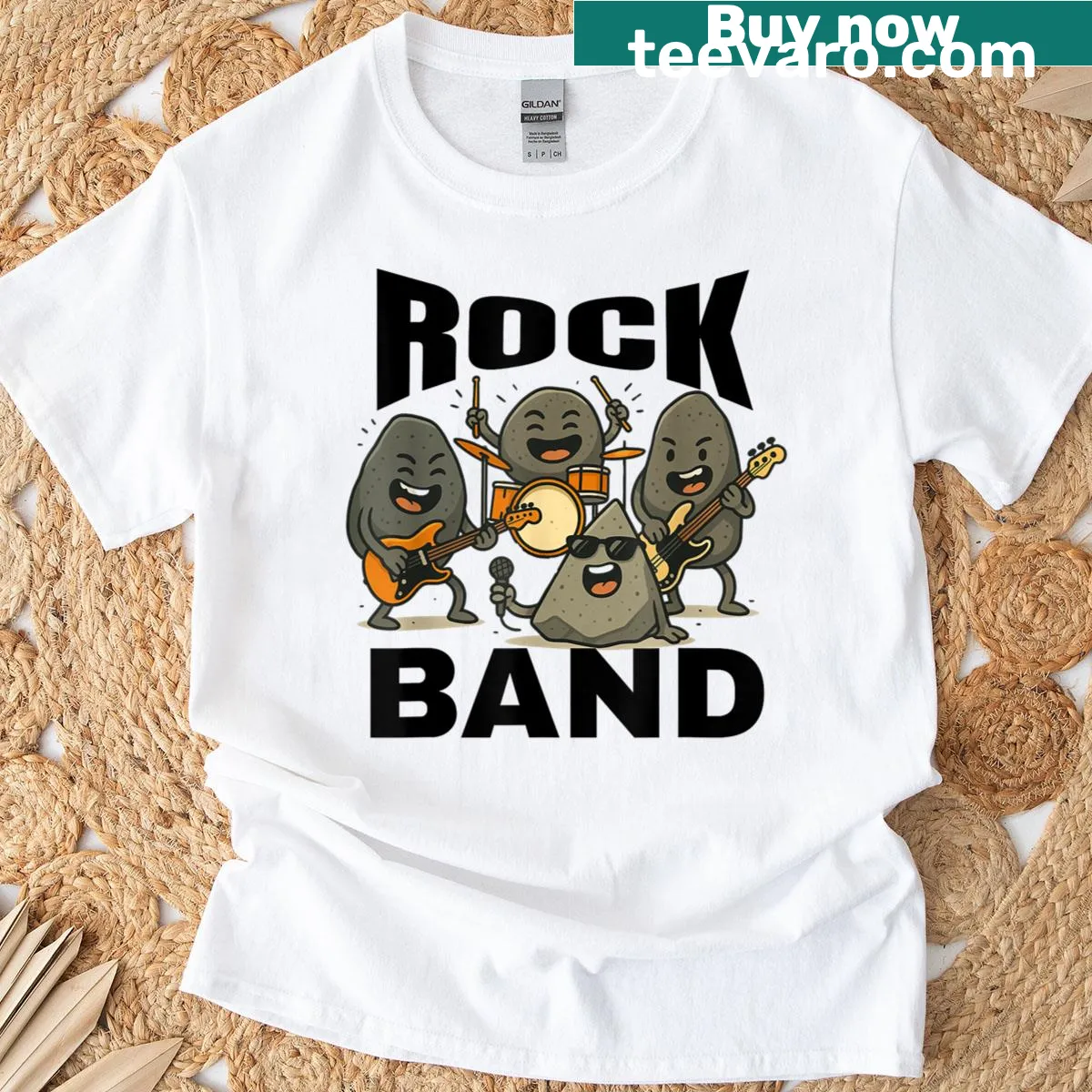 Funny graphic of a rock band with drums and guitars — on a men's t-shirt