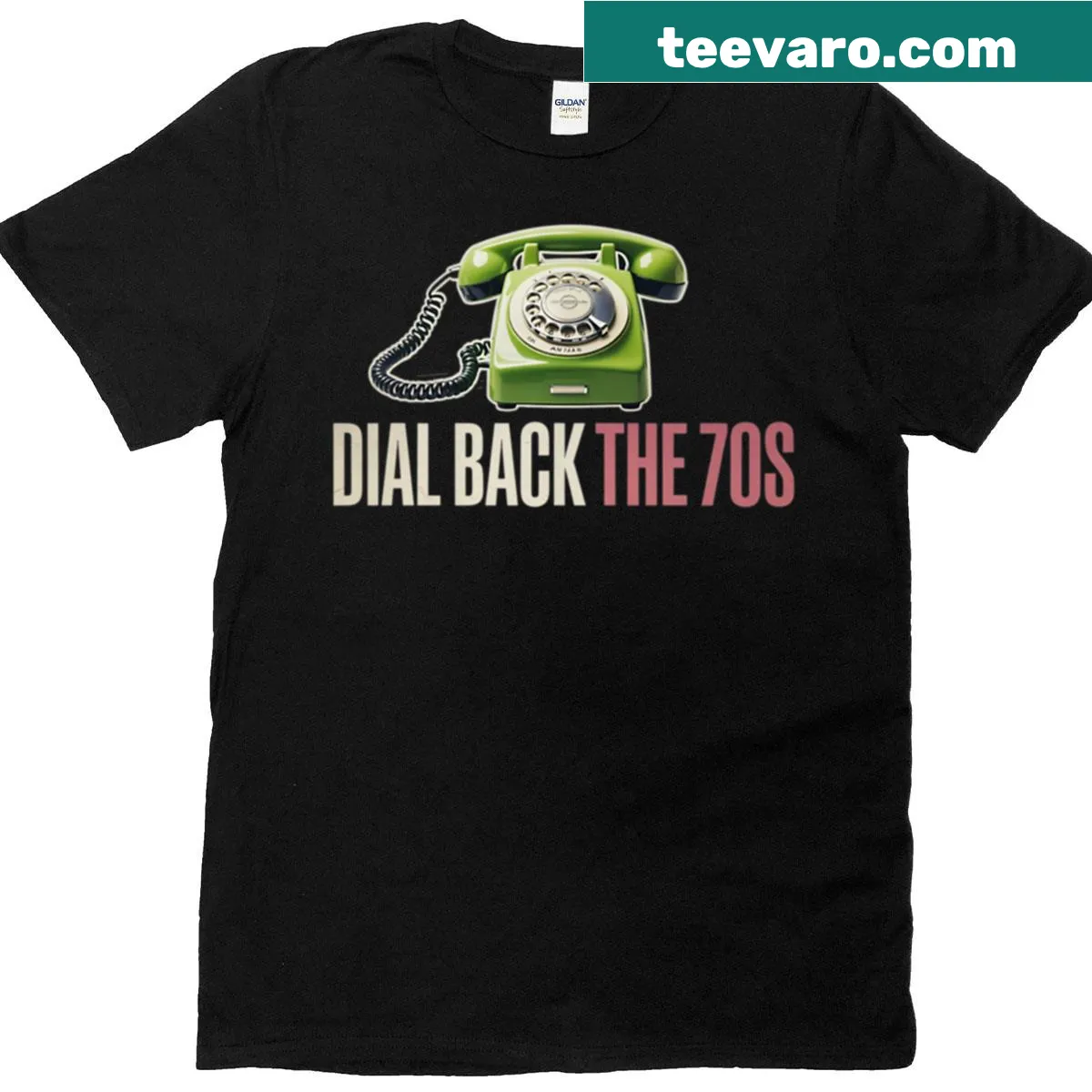 Vintage rotary phone dial graphic T-shirt with a 70s retro theme — on a men's t-shirt