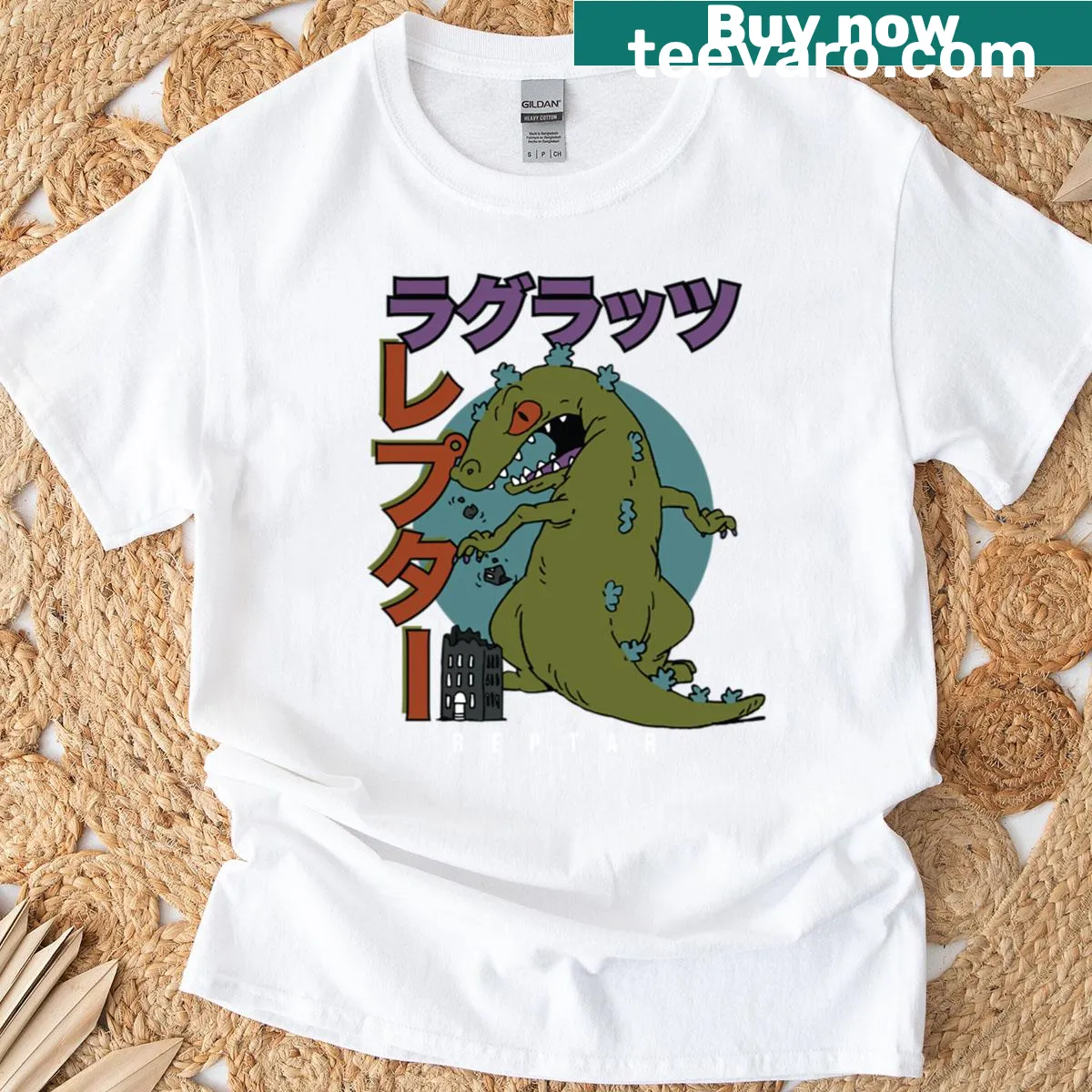 Vintage Rugrats t-shirt featuring Reptar and kanji characters — on a men's t-shirt