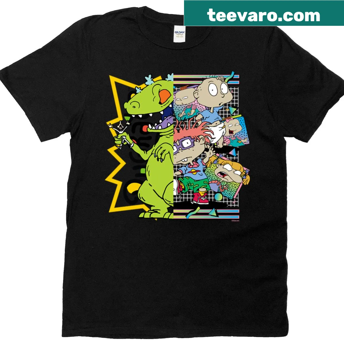 Cartoon-style Rugrats Reptar graphic T-shirt with a vintage look — on a men's t-shirt