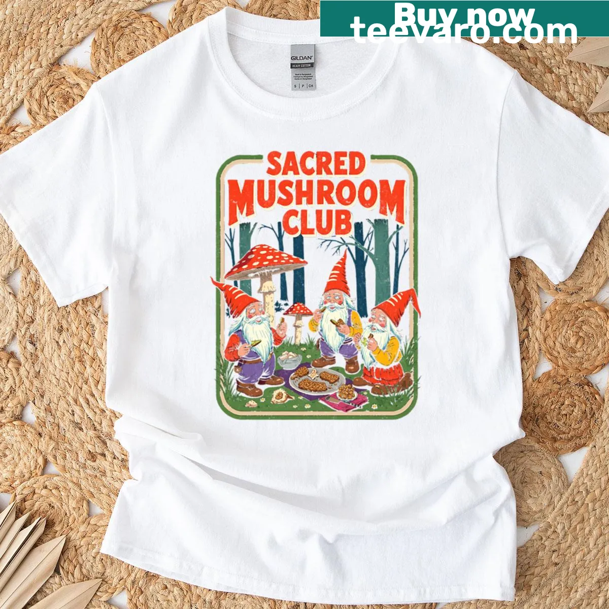 Illustrated gnomes with mushrooms in a whimsical design — on a men's t-shirt