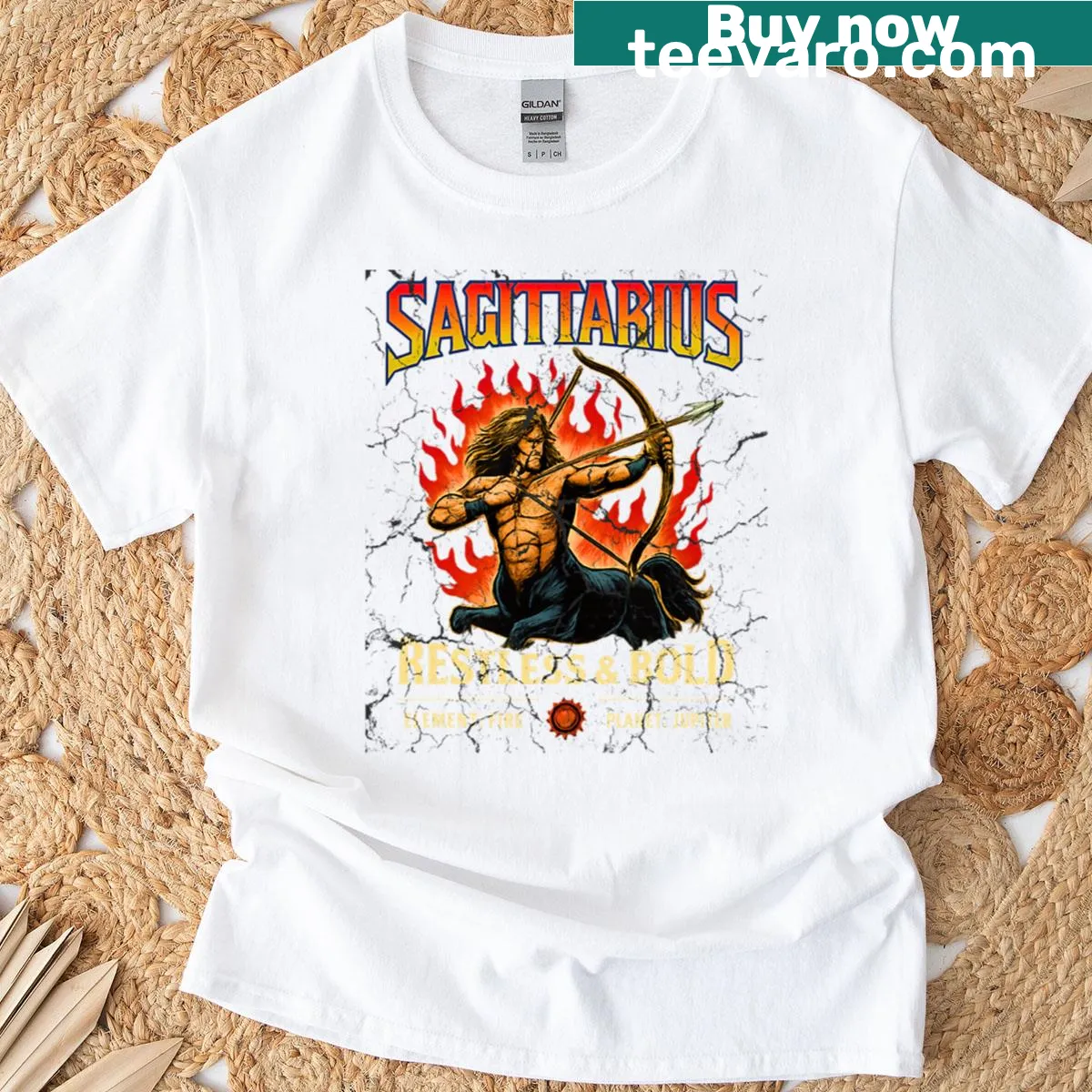 Sagittarius zodiac design with 80s rock band elements — on a men's t-shirt