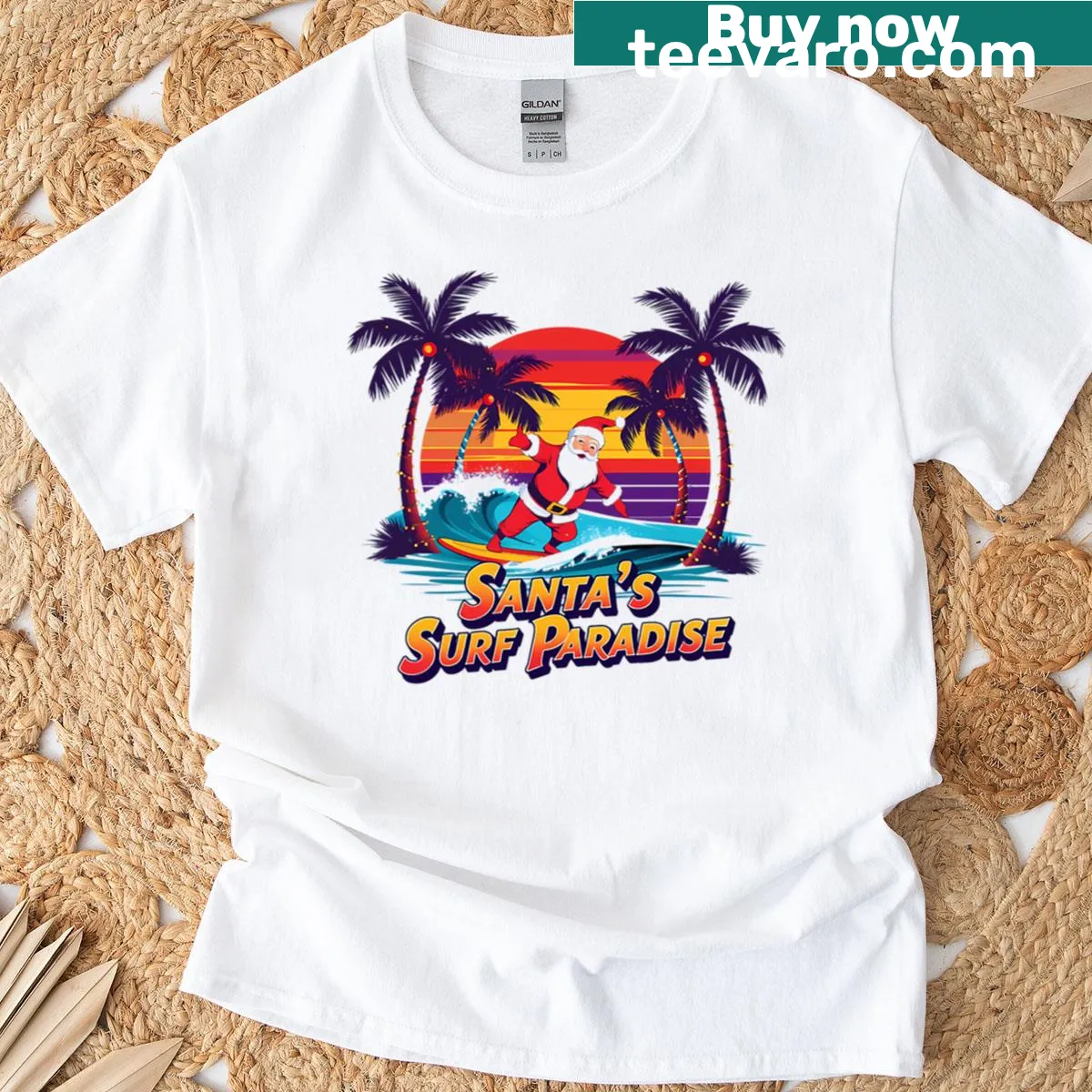 Retro Santa surfing at sunset in a tropical Christmas design — on a men's t-shirt