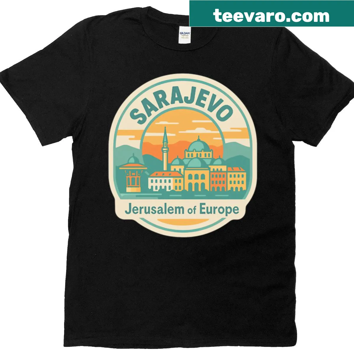 Vintage-inspired Sarajevo skyline T-shirt design — on a men's t-shirt