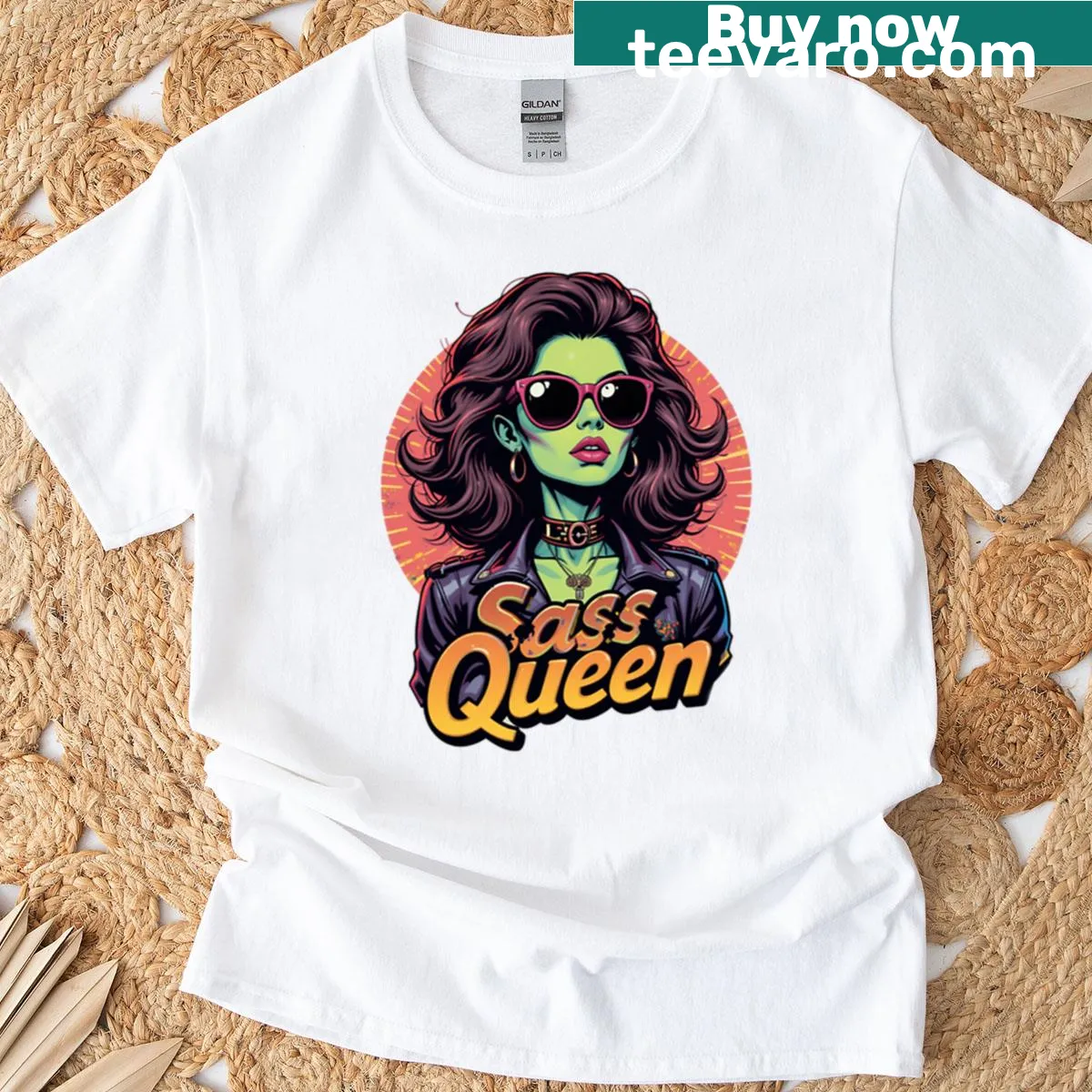 T-shirt featuring a playful Sass Queen alien graphic. — on a men's t-shirt