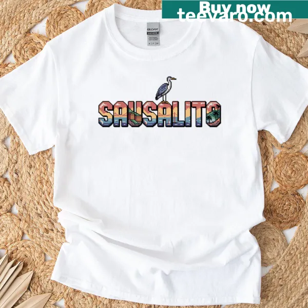 Retro 8-bit pixel art T-shirt inspired by Sausalito, California.