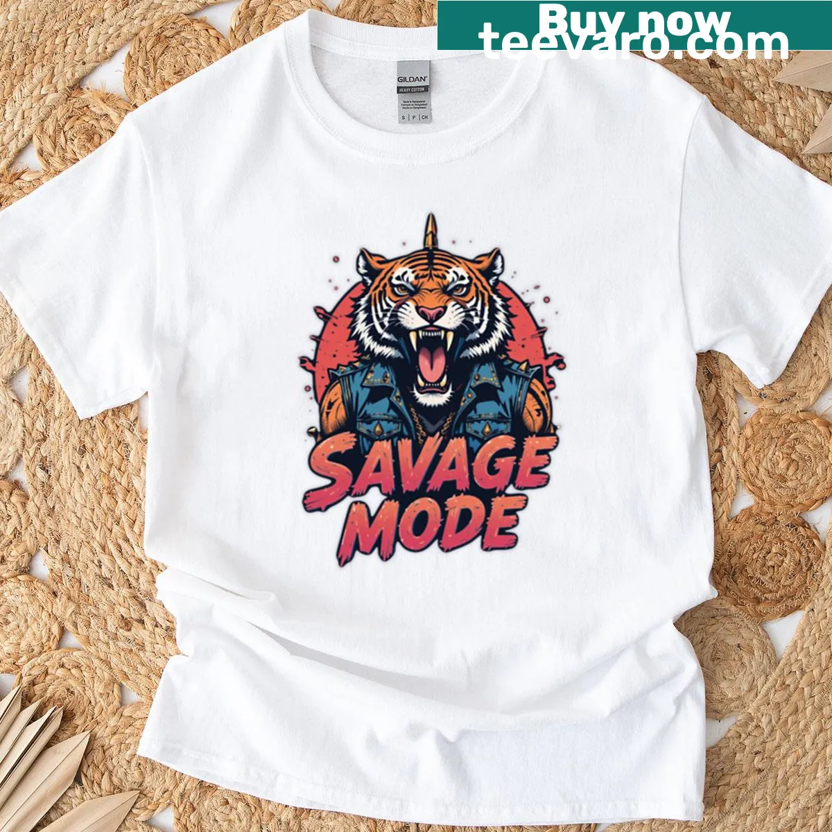 Illustration of a fierce tiger on a T-shirt labeled 'Savage Mode' — on a men's t-shirt