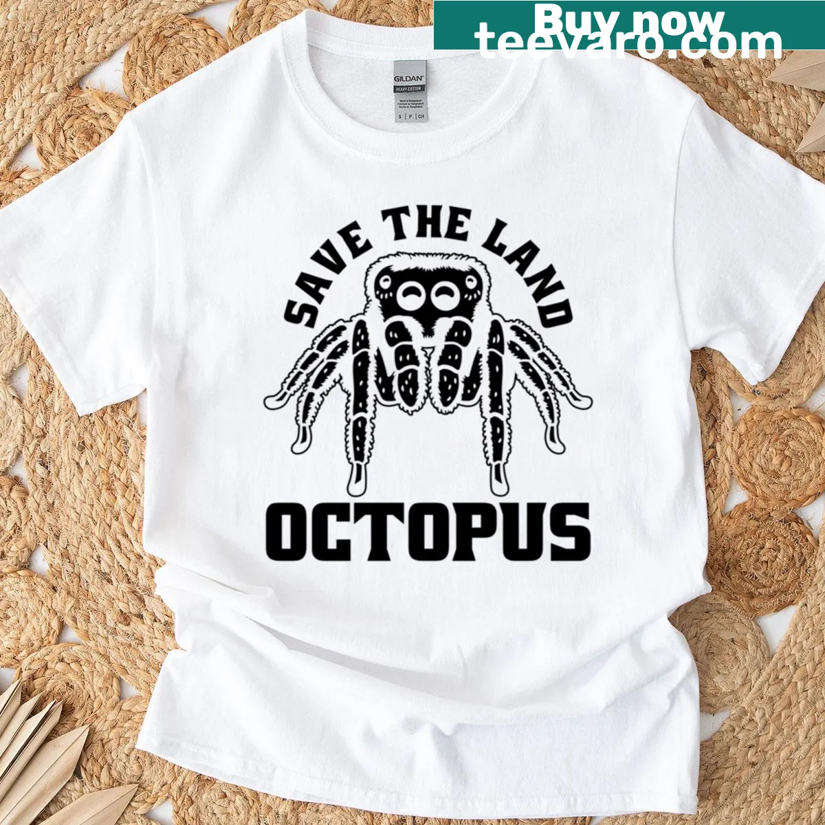 Oversized t-shirt with cartoon octopus design and conservation message — on a men's t-shirt