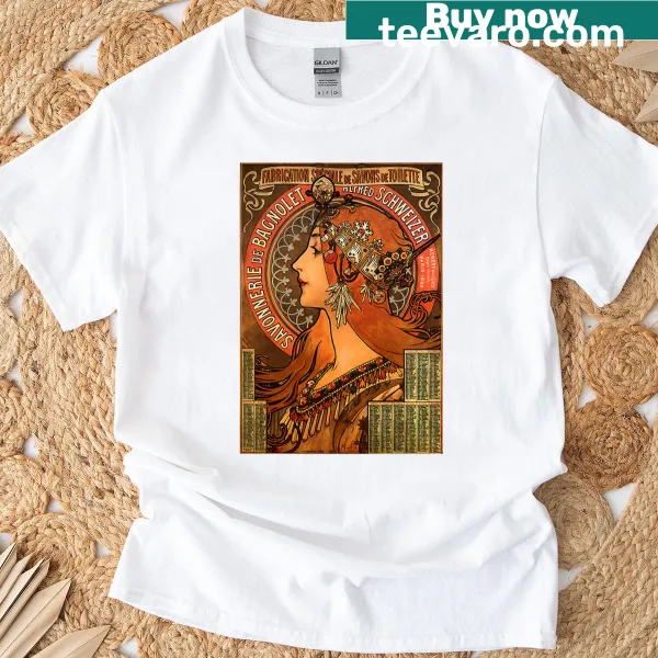 Hand-lettered T-shirt design inspired by Alfons Mucha's art