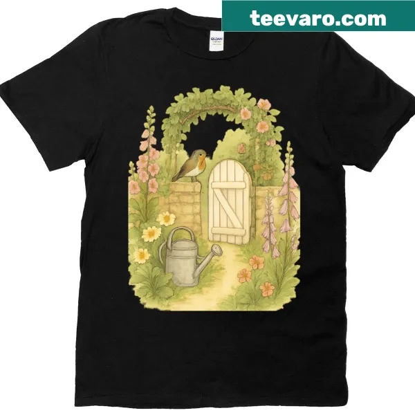 Whimsical garden gate t-shirt with floral illustration