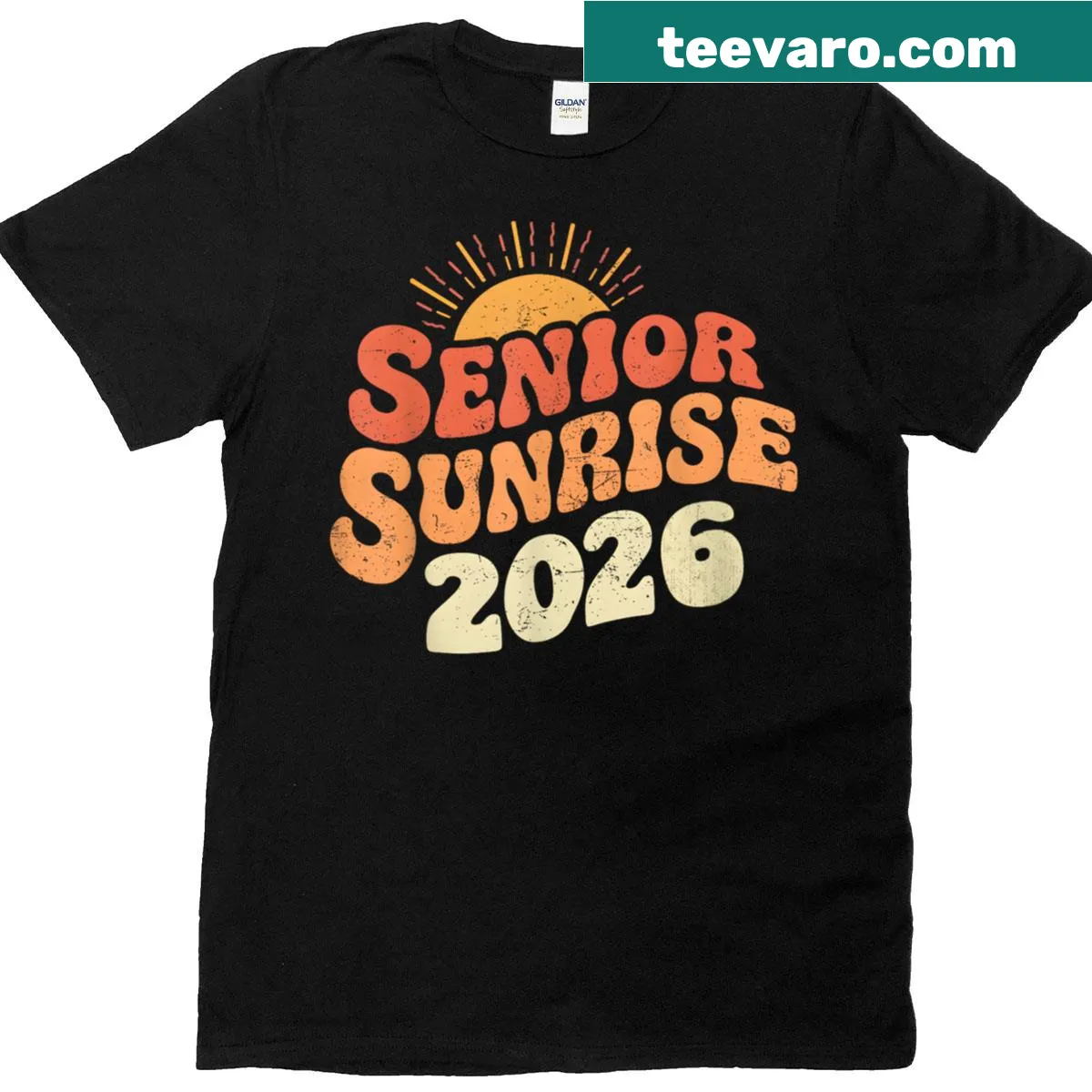 T-shirt celebrating Senior Sunrise 2026 with My Last First Day text — on a men's t-shirt