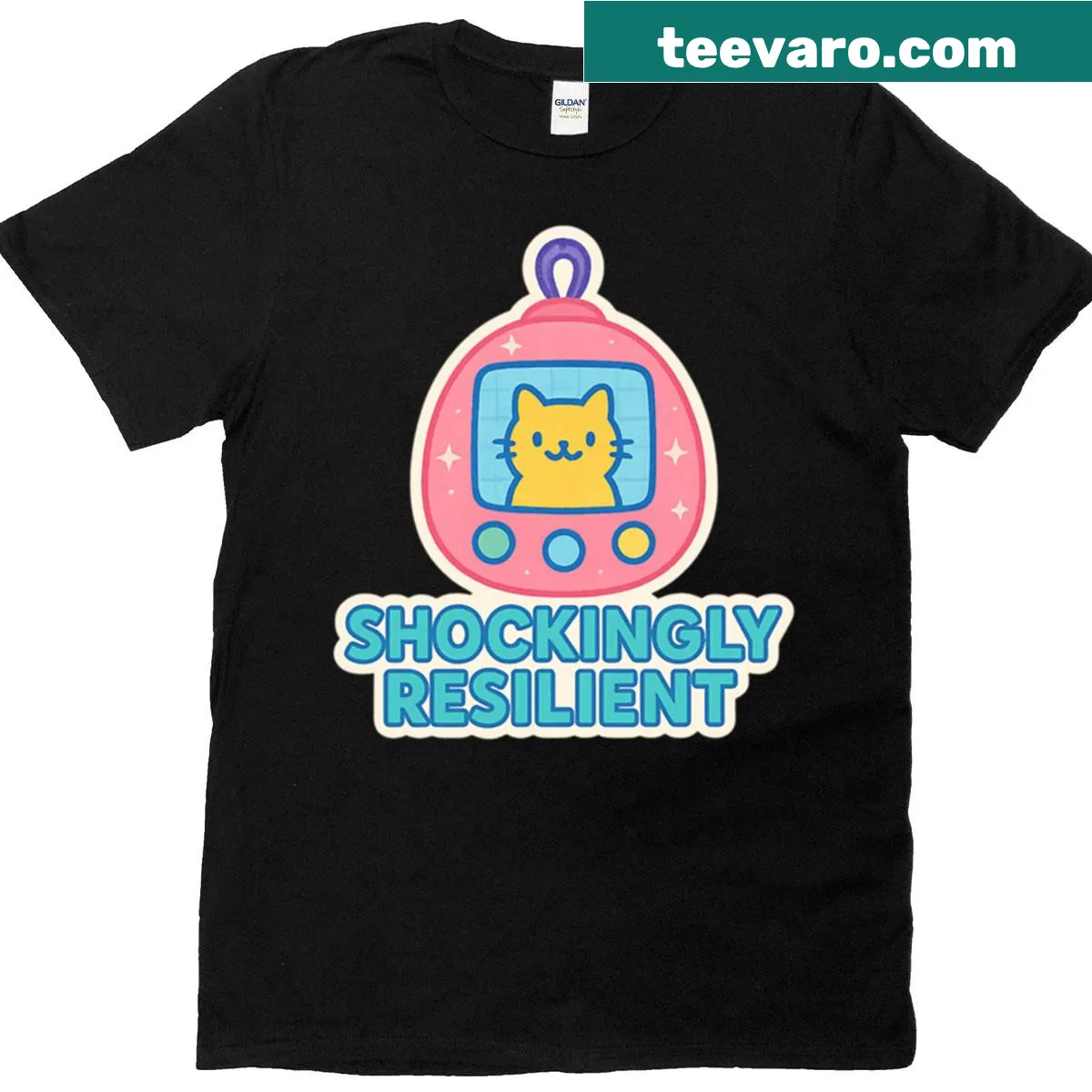 Bold text graphic T-shirt with the words 'Shockingly Resilient' — on a men's t-shirt