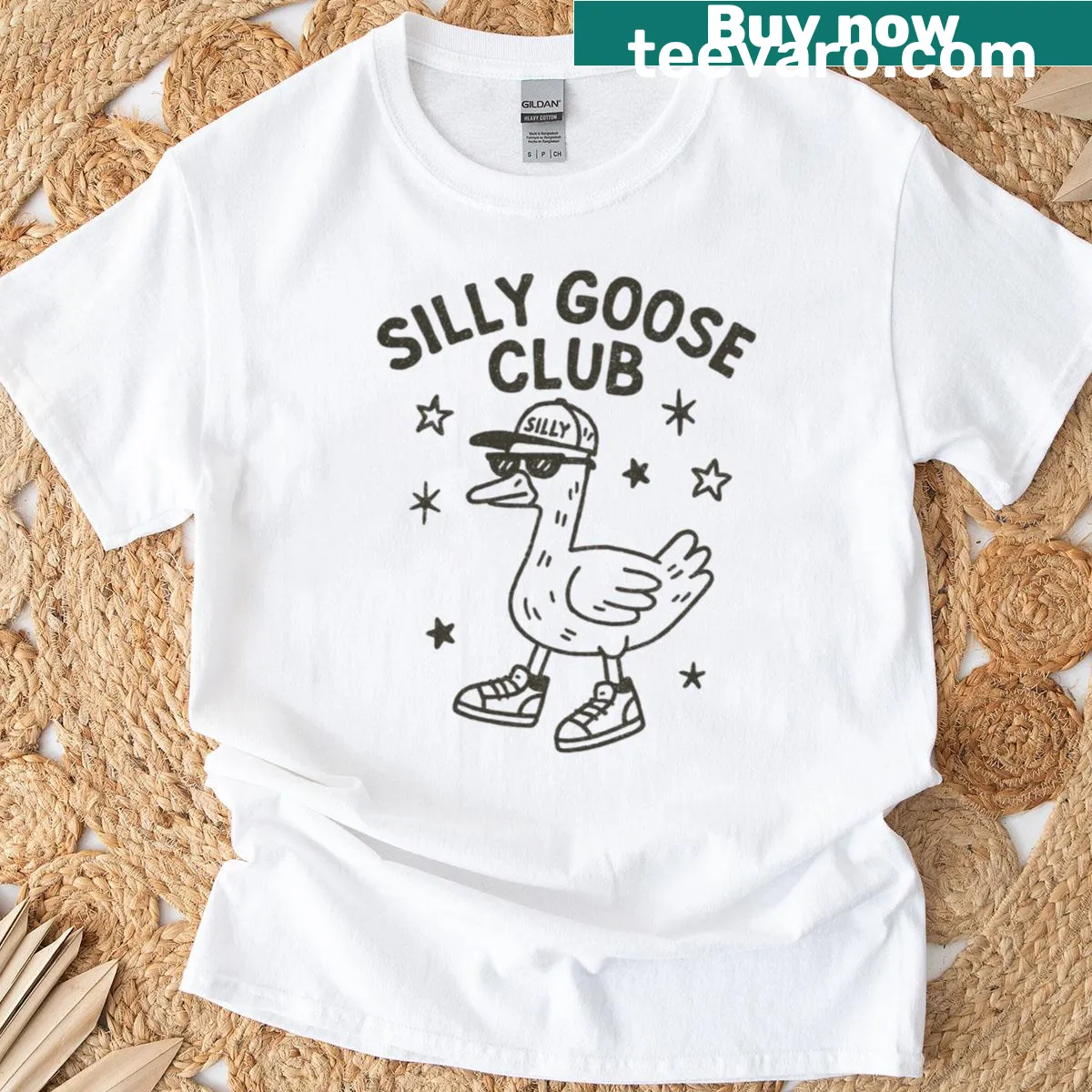 Funny t-shirt featuring a cartoon goose in sneakers and cap — on a men's t-shirt