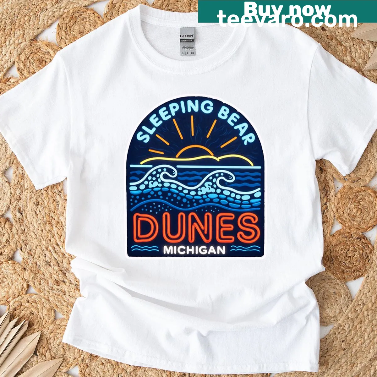 Oversized T-shirt featuring a neon light sign design inspired by Sleeping Bear Dunes in Michigan. — on a men's t-shirt