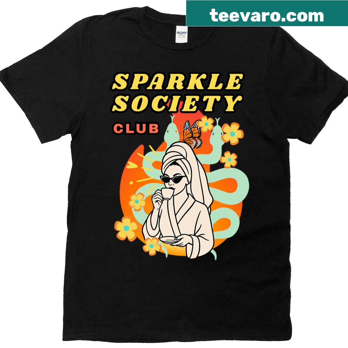 Retro glam aesthetic club design t-shirt featuring playful sparkle graphics — on a men's t-shirt