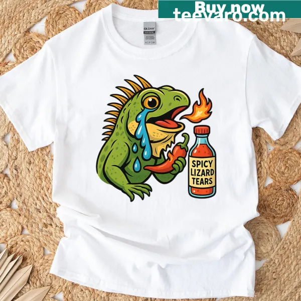 Cartoon graphic of spicy lizard tears on T-shirt