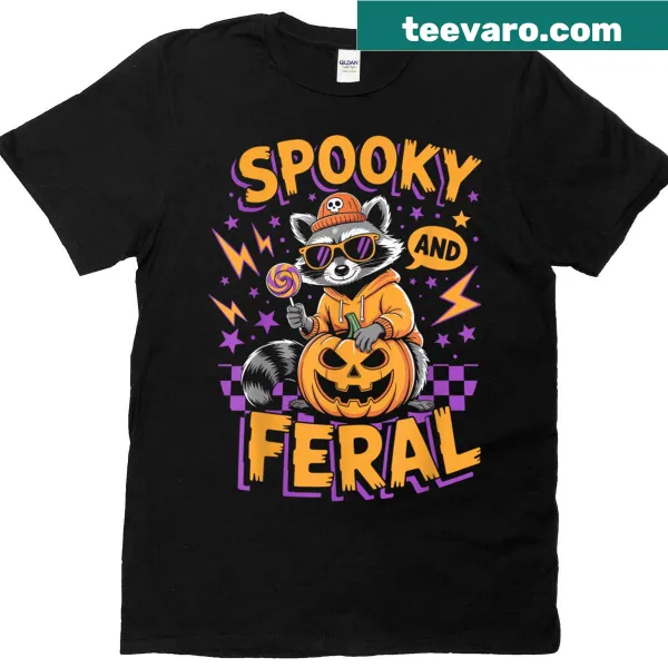 Cute Halloween graphic with raccoon ghost and pumpkin