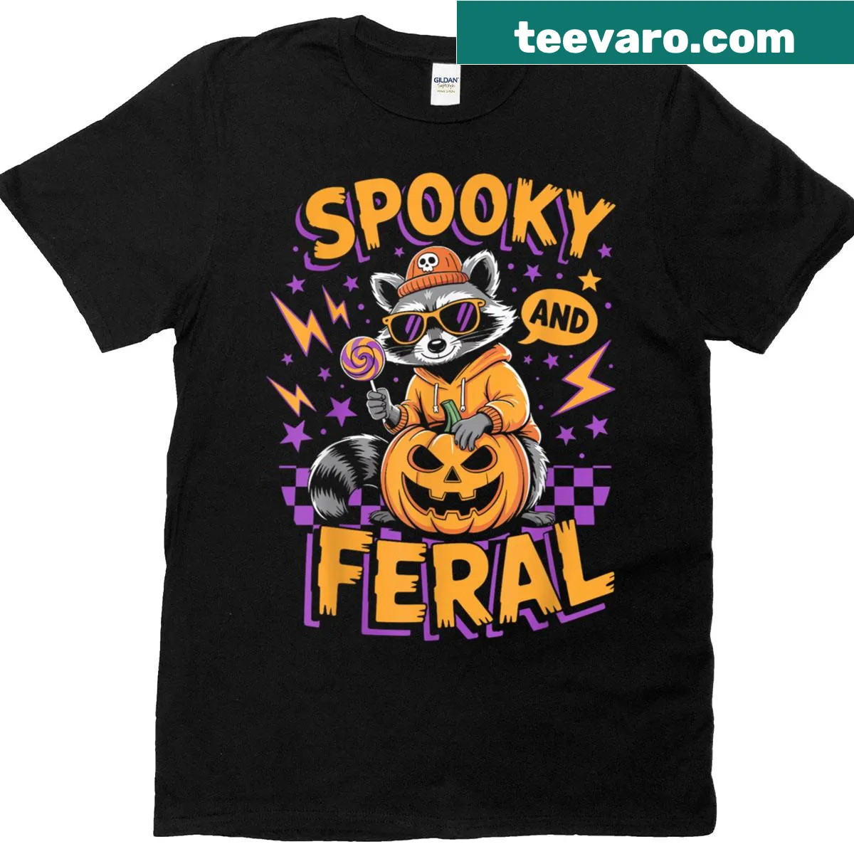 Cute Halloween graphic with raccoon ghost and pumpkin — on a men's t-shirt