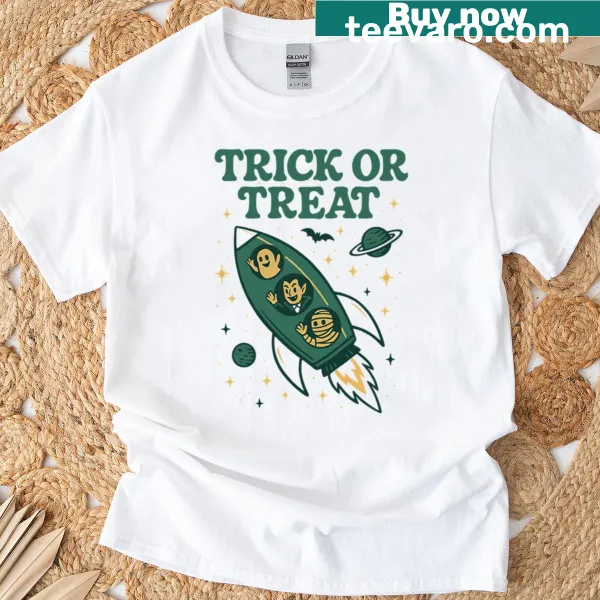 Trick Or Treat T-shirt featuring a rocket ship with Halloween themes
