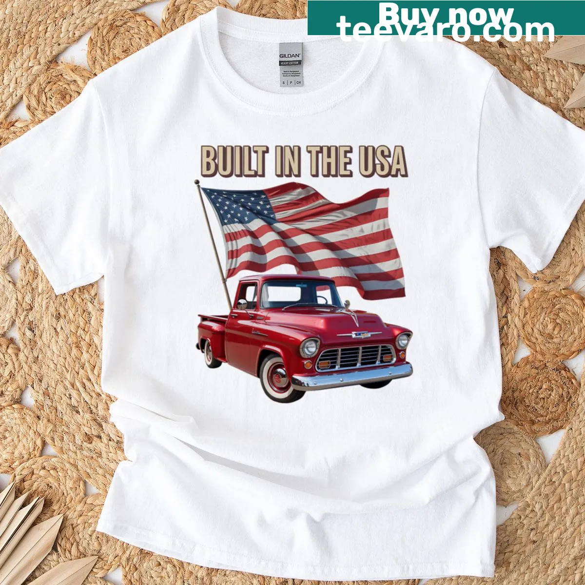 Illustrated pickup truck with stars and stripes design on t-shirt — on a men's t-shirt