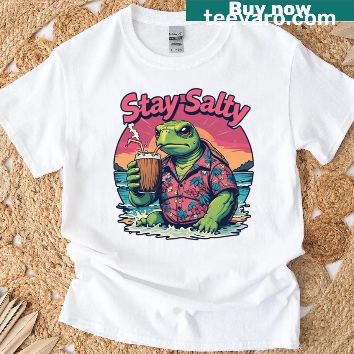 Cartoon turtle t-shirt with the text 'Stay Salty' — on a men's t-shirt