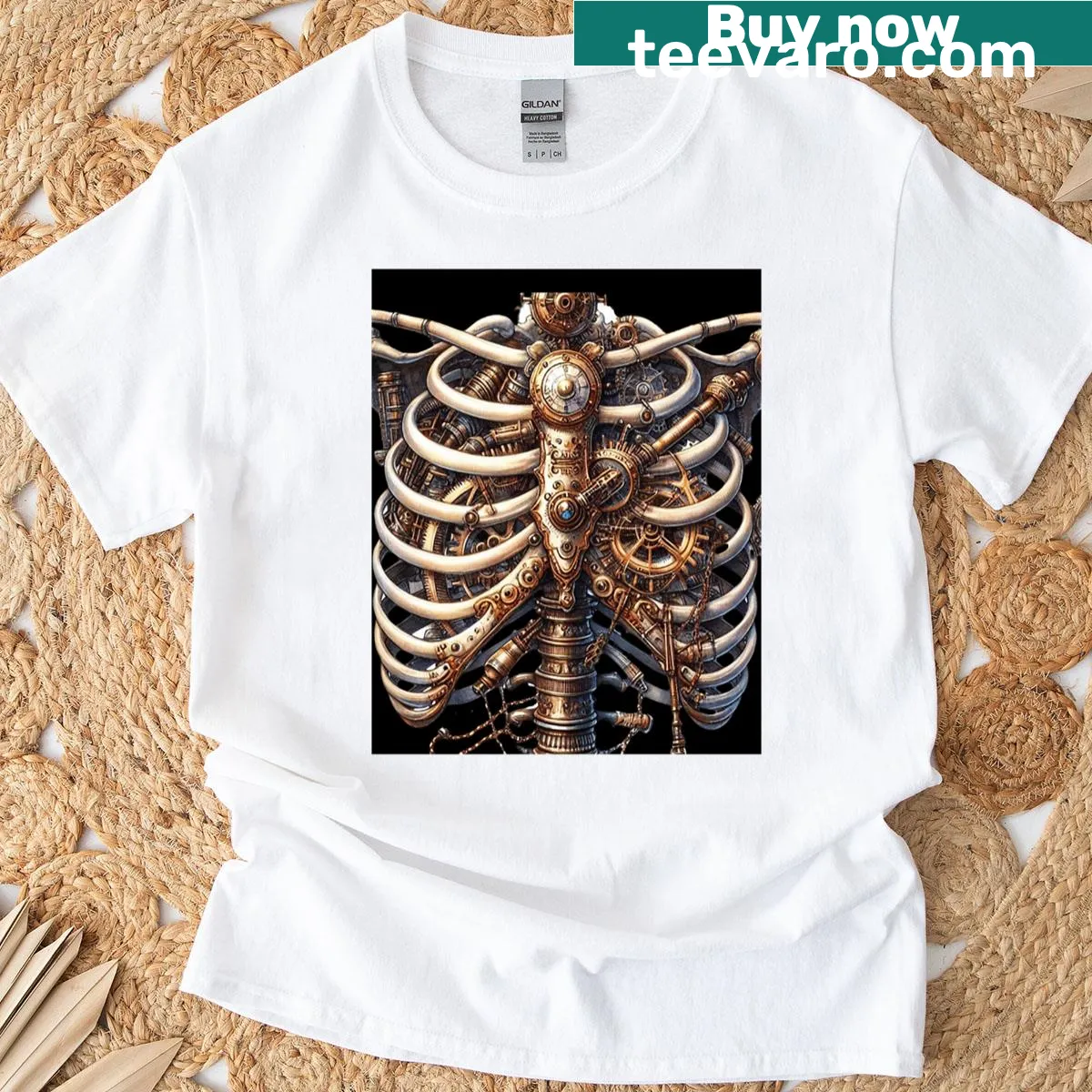 Steampunk skeleton graphic t-shirt for Halloween — on a men's t-shirt