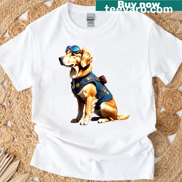 Steampunk Golden Retriever with aviator goggles in a playful design