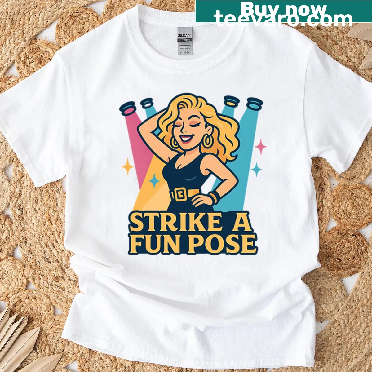 Retro cartoon art T-shirt featuring a pop diva in a fun pose — on a men's t-shirt
