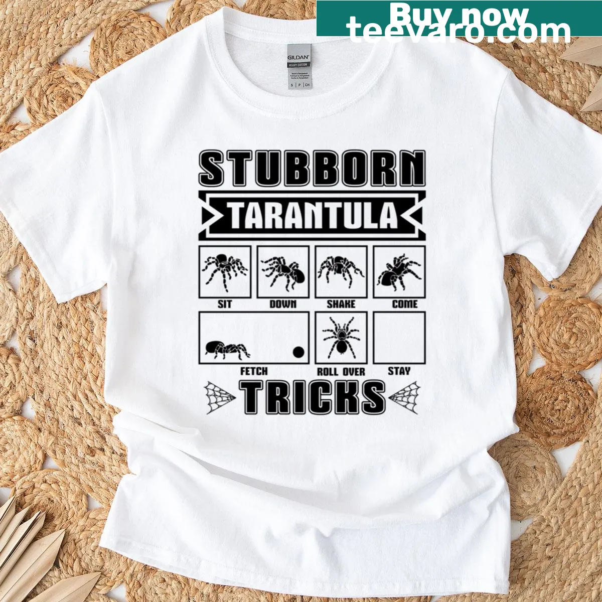 Tarantula illustration with text 'Stubborn Tarantula Tricks' on t-shirt — on a men's t-shirt