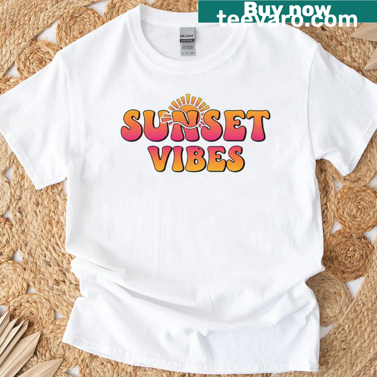 Retro 70s style sunset graphic on a t-shirt — on a men's t-shirt