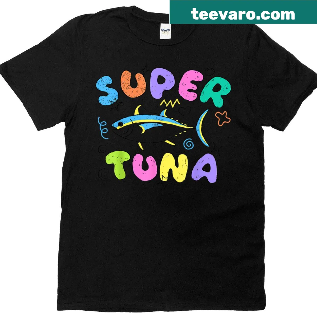 Funny kids t-shirt with a cartoon tuna fish design — on a men's t-shirt