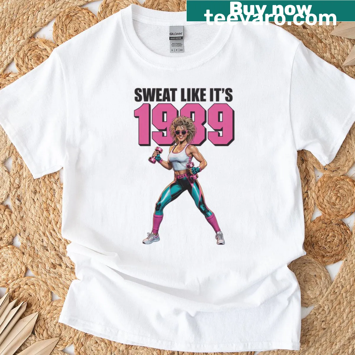 Retro 80s fitness queen graphic t-shirt with nostalgic workout theme — on a men's t-shirt