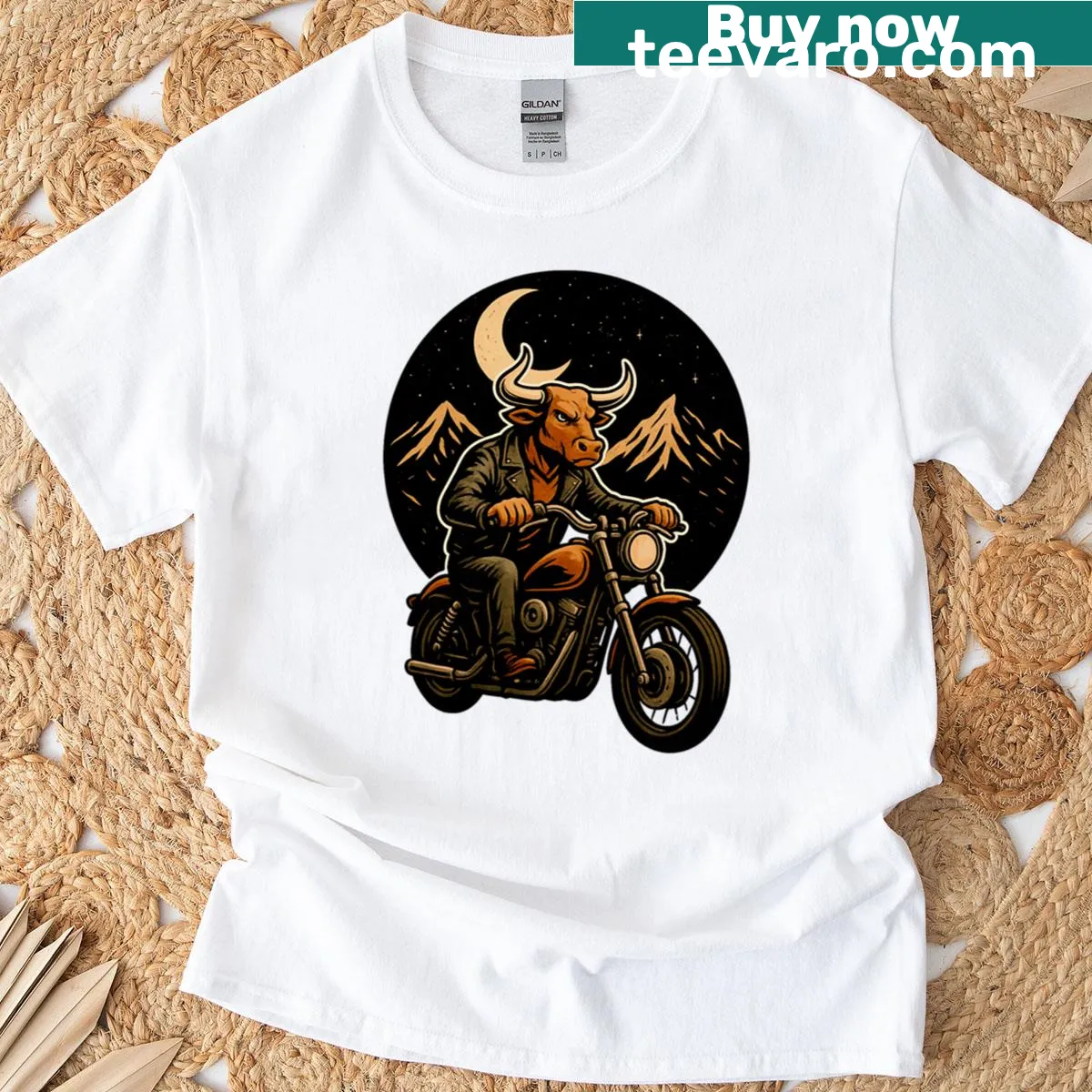Illustration of a bull against a moonlit sky for Taurus bikers — on a men's t-shirt