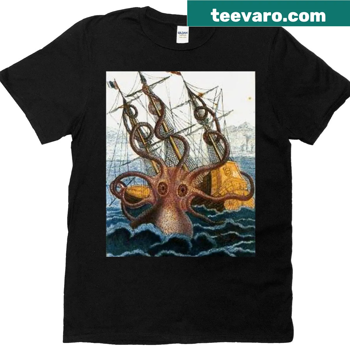 Illustrated T-shirt featuring a colossal octopus design — on a men's t-shirt