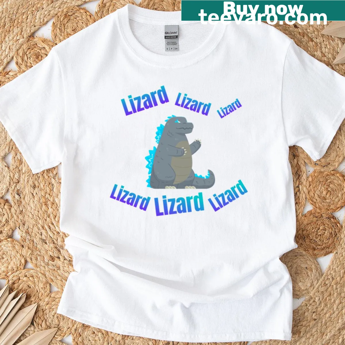 Cartoon design of a king lizard with playful elements — on a men's t-shirt