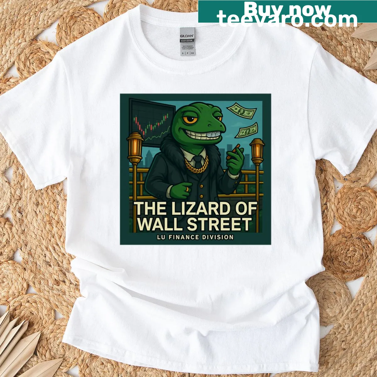 Humorous illustration of a lizard in a suit representing the financial world — on a men's t-shirt