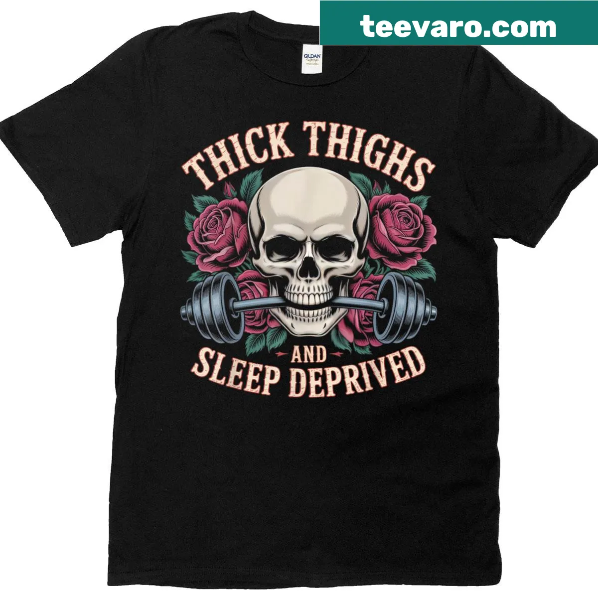 Funny gym workout T-shirt with the phrase 'Thick Thighs And Sleep Deprived' — on a men's t-shirt