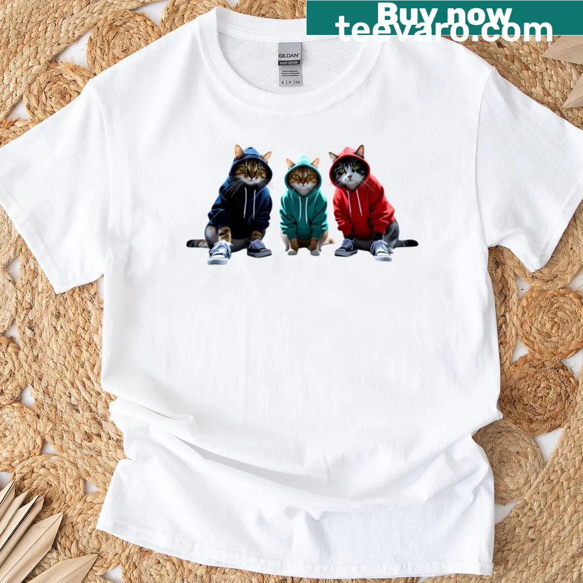 Illustration of three scruffy alley cats on a t-shirt — on a men's t-shirt