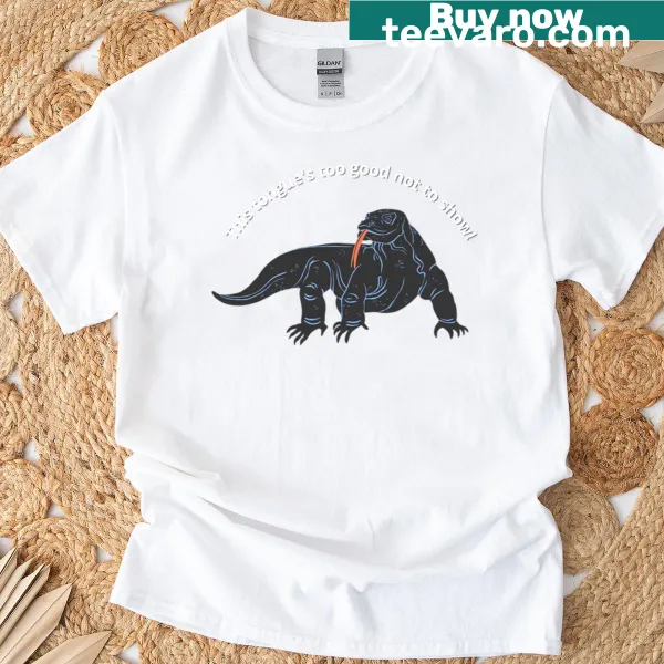 Whimsical dog graphic with tongue out and tail up on t-shirt